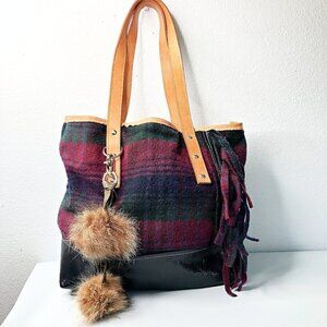 Belle Vache Wool Patent Leather Tote Bag Plaid Fur Keychain Shoulder Purse